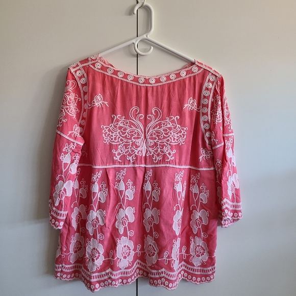 Sapphire Salmon Colored Embroidered  3/4 Sleeve Peasant Style Top - Picture 2 of 6